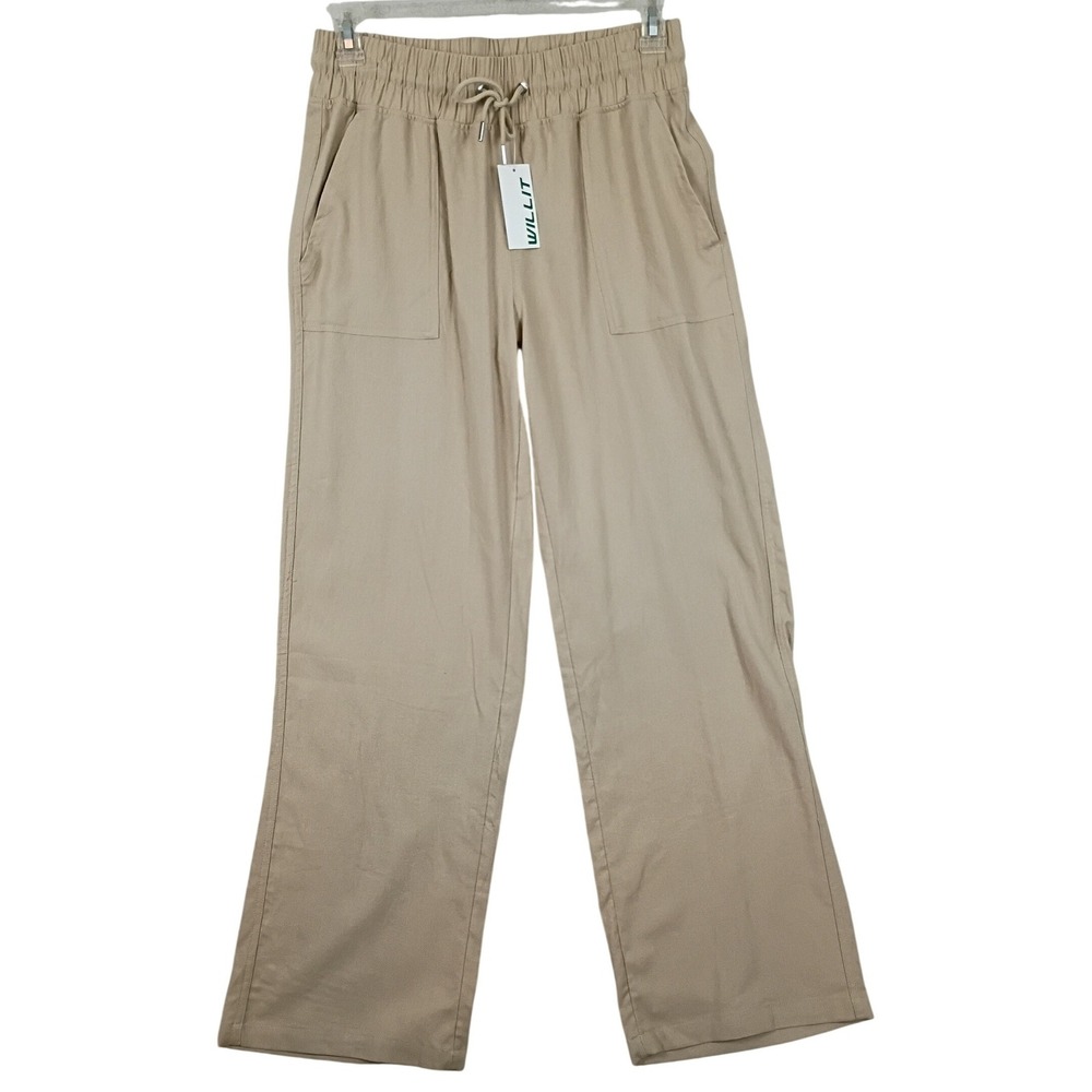 Willit Wide Leg Pants Womens M 31X32 Tan Linen Blend Drawstring Summer Trousers